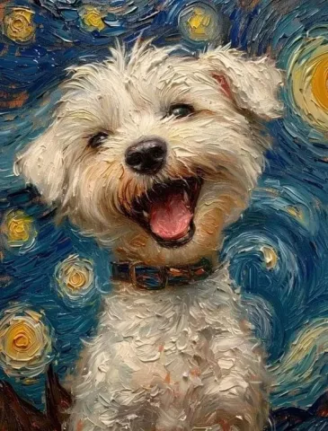 Painting of small white dog with starry night background.