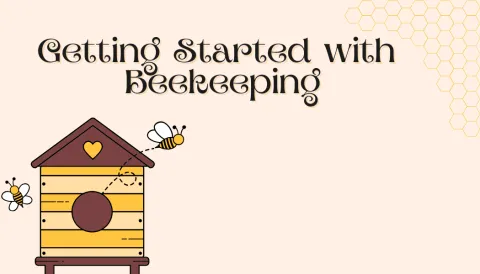 Getting Started with Beekeeping featuring an image of a beehive and two bees buzzing about.