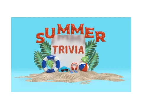 Sand, beach ball, palms, and summer trivia.