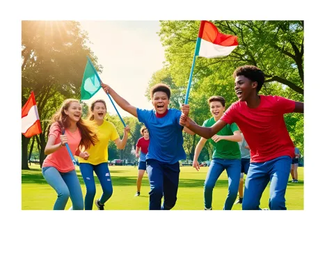 Kids outside holding flags.