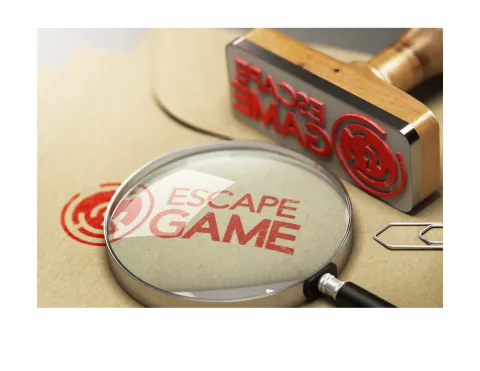 Magnifying glass and stamp, escape room.