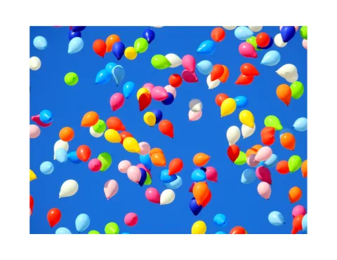 Blue background with multicolored balloons.