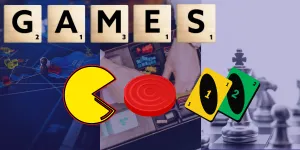the word GAMES is spelled out in Scrabble tiles