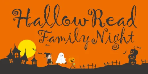 HallowRead Family Night orange sky with yellow moon and creepy house and trick or treaters in silhouette