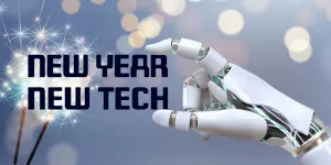 new year, new tech with sparklers and robotic hand