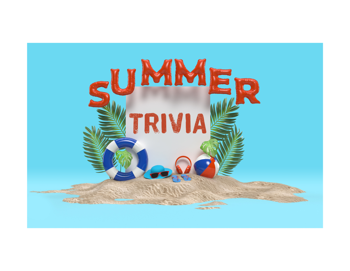 Sand, beach ball, palms, and summer trivia.