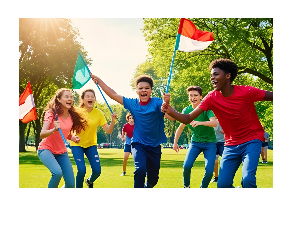 Kids outside holding flags.