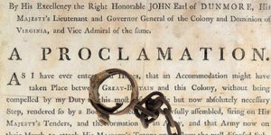 A print of Lord Dunmore's November 1775 Proclamation with shackles superimposed 