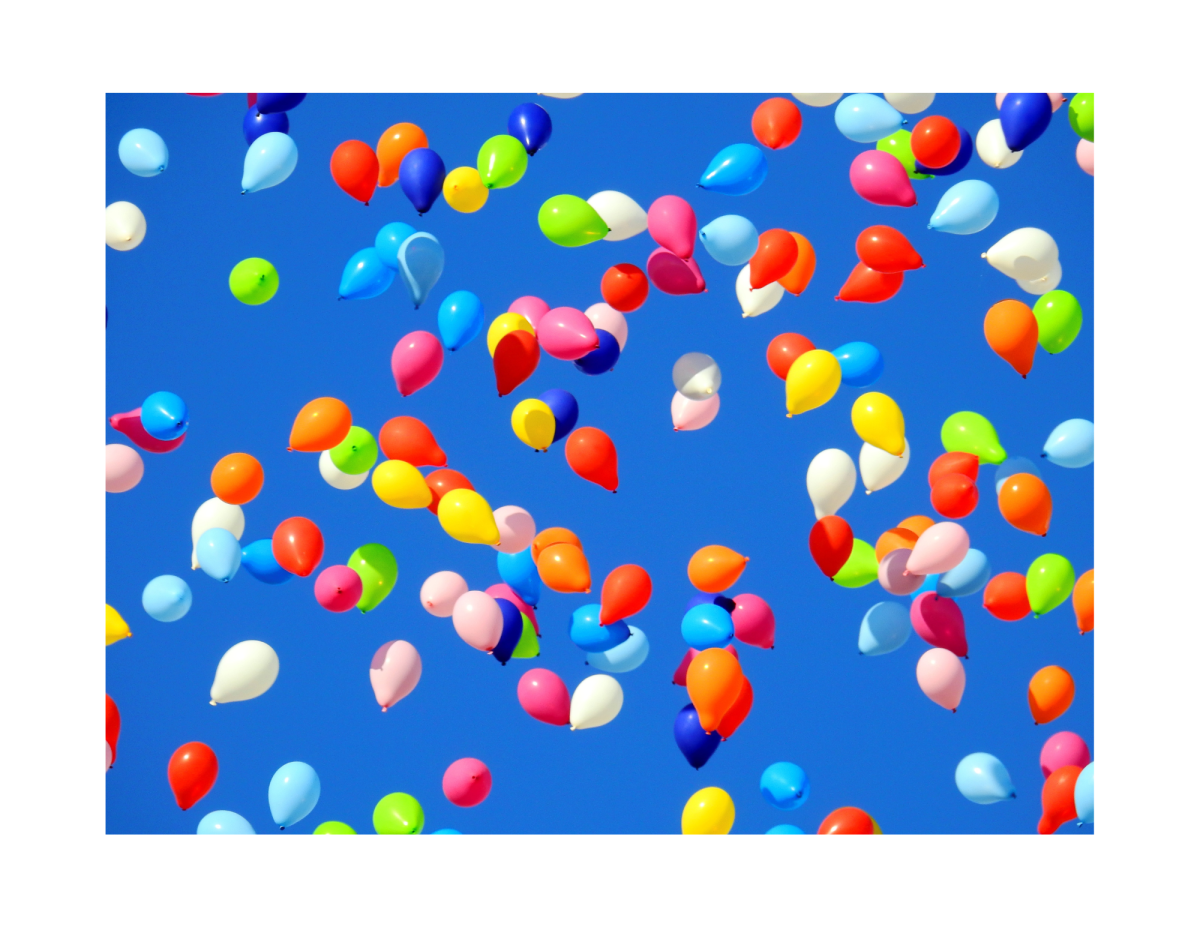 Blue background with multicolored balloons.