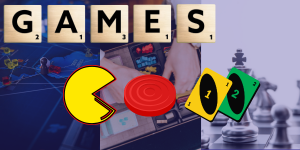 the word GAMES is spelled out in Scrabble tiles
