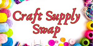 Colorful threads and yarn with the words Craft Supply Swap