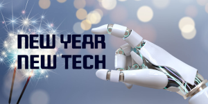 new year, new tech with sparklers and robotic hand